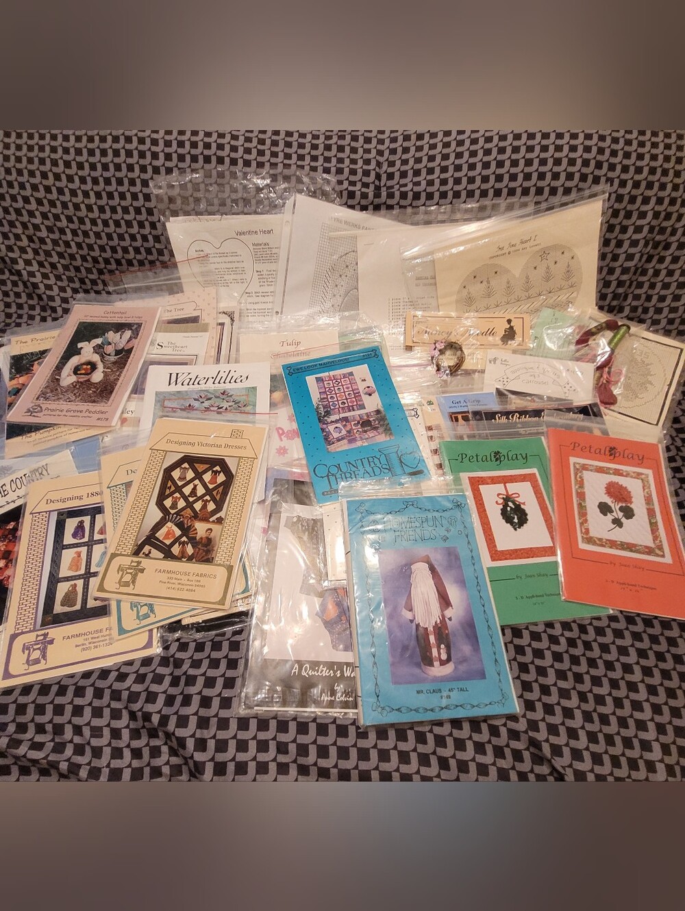 Lot of 55 Vtg Sewing & Craft Patterns w/Supplies - Victorian Quilts Needlepoint